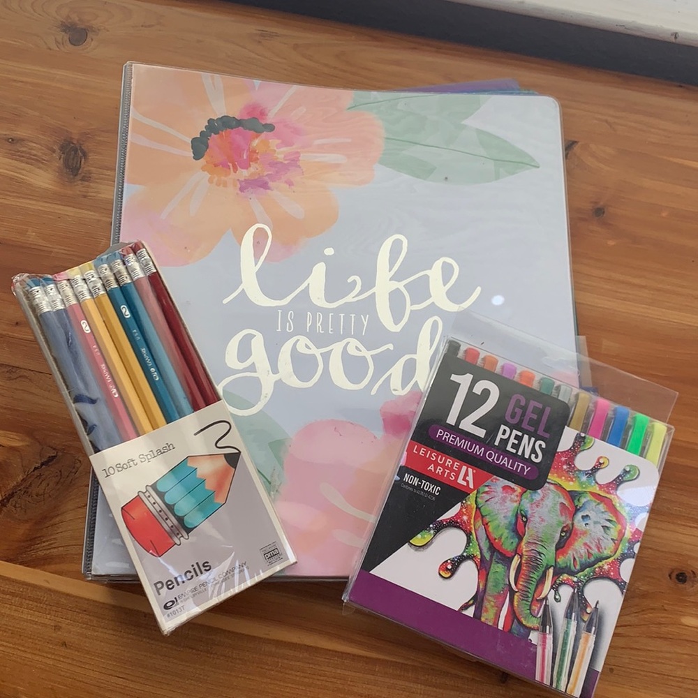 Art or school  supplies binder folders pens pencils NWT